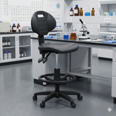 כסא מעבדה ושרטט גבוה טופ פוליאוריטן שחור עם חישוק רגליים | קפרה